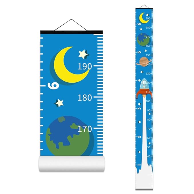 Baby Height Growth Chart - Canvas Height Chart for Kids Baby Child Toddler Boys Girls Growth Chart for Wall Room Nursery Decor Hangable and Removable Measuring Wall Ruler (Rocket, Black Wood)-CubbioJoy