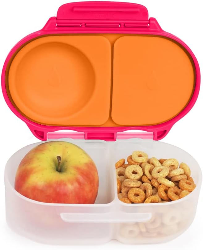 b.box Snack Box for Kids & Toddlers: 2 Compartment Snack Containers, Mini Bento Box, Lunch Box. Leak Proof, BPA free, Dishwasher safe. School Supplies. Ages 4 months+ (Strawberry Shake, 12oz capacity)-CubbioJoy