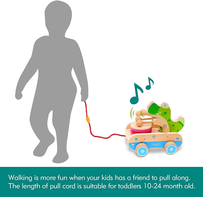 Baby Gift Wooden Toddler Pull Toy, Crocodile Drum Tapping Children's Toy, Baby dragging and Learning to Walk, Rope Traction Rope Crawling for Toddlers Ages 1+-CubbioJoy