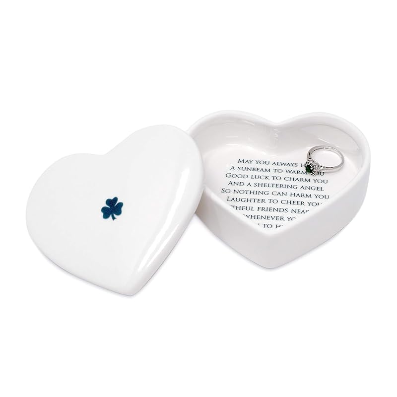 Baptism Gift, First Communion Gift, or Confirmation Gift, Handmade Heart Ceramic Keepsake Box with Irish Blessing and Shamrock in Green-CubbioJoy
