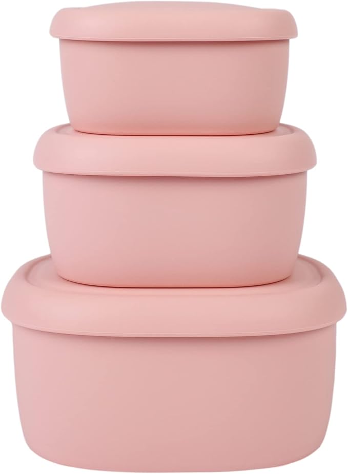BLUE GINKGO Nesting Silicone Containers - Set of 3 Hard-Shell Silicone Food Storage Containers | BPA Free, Airtight, Dishwasher and Freezer Safe (6.7oz, 10oz, 20oz) - Pink-CubbioJoy