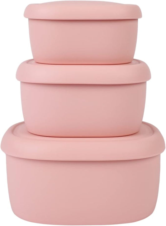 BLUE GINKGO Nesting Silicone Containers - Set of 3 Hard-Shell Silicone Food Storage Containers | BPA Free, Airtight, Dishwasher and Freezer Safe (6.7oz, 10oz, 20oz) - Pink-CubbioJoy