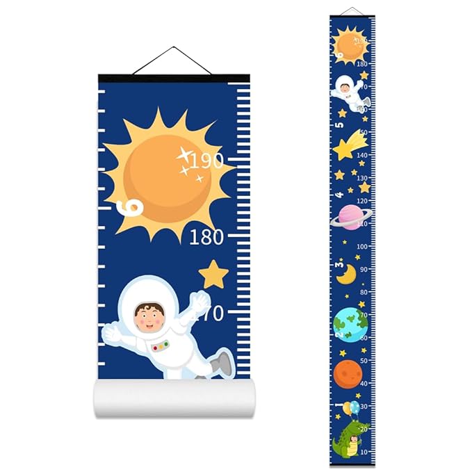 Baby Height Growth Chart - Canvas Height Chart for Kids Baby Child Toddler Boys Girls Growth Chart for Wall Room Nursery Decor Hangable and Removable Measuring Wall Ruler (Space, Black Wood)-CubbioJoy