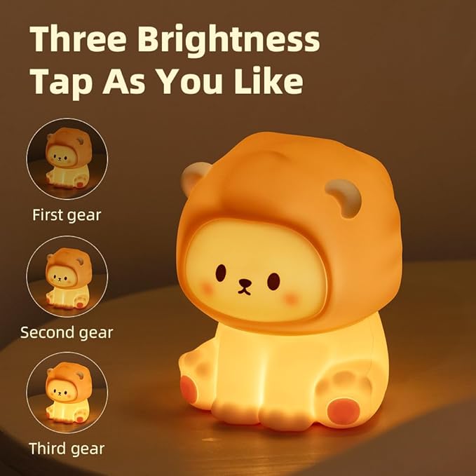 Cute Lion Night Light for Kids, Rechargeable Nursery Lamp with Timer, 3 Brightness Levels & Warm Light, Soft Silicone Baby Night Light, Tap Control, Gift for Toddlers-CubbioJoy