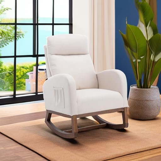 Dolonm Nursery Rocking Chair for Living Room, Upholstered Mid-Century Modern Nursery Rocking Armchair Tall Back Accent Glider Rocker, Beige-CubbioJoy