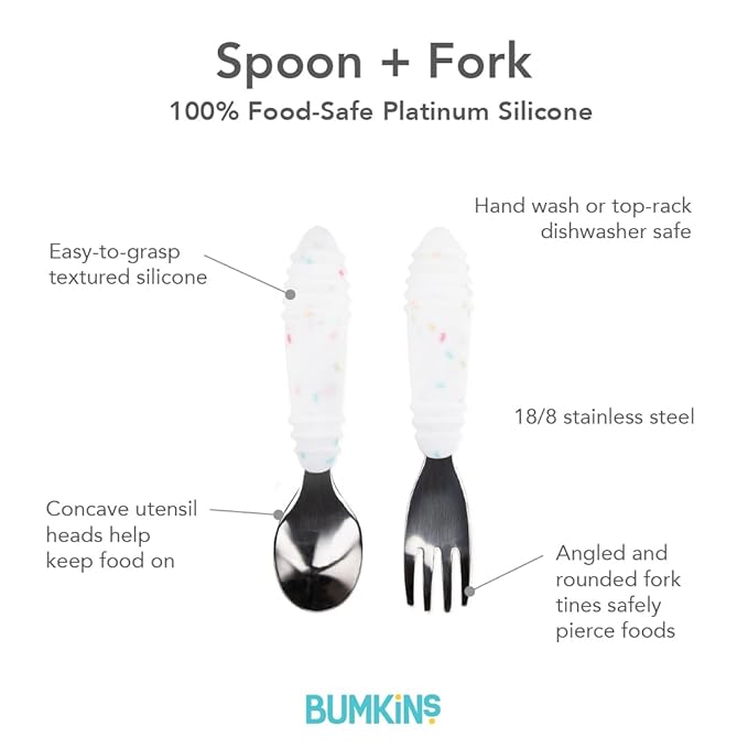 Bumkins Toddler Utensils, Kids Size Fork and Spoon Set, Silicone and Stainless-Steel Training Silverware, Angled Forks/Sporks Feeding, Children Hold Learning to Eat, 18 Mos Up, Vanilla Sprinkles-CubbioJoy