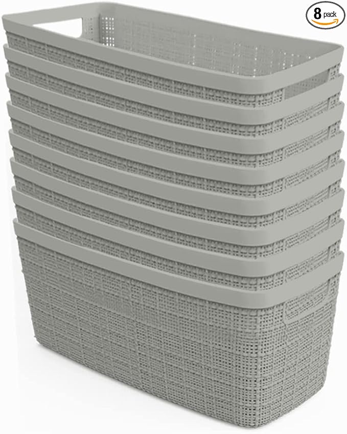 Curver Jute Decorative Plastic Organization and Storage Basket Perfect Bins for Home Office, Closet Shelves, Kitchen Pantry and All Bedroom Essentials, Set of 8 Grey-CubbioJoy