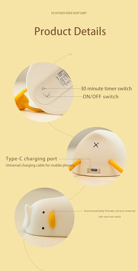 ATSUI Duck Night Light, LED Squishy Novelty Animal Night Lamp, Food Grade Silicone, 3 Level Dimmable Rechargeable Nursery Nightlight for Breastfeeding Toddler Baby Kids-CubbioJoy