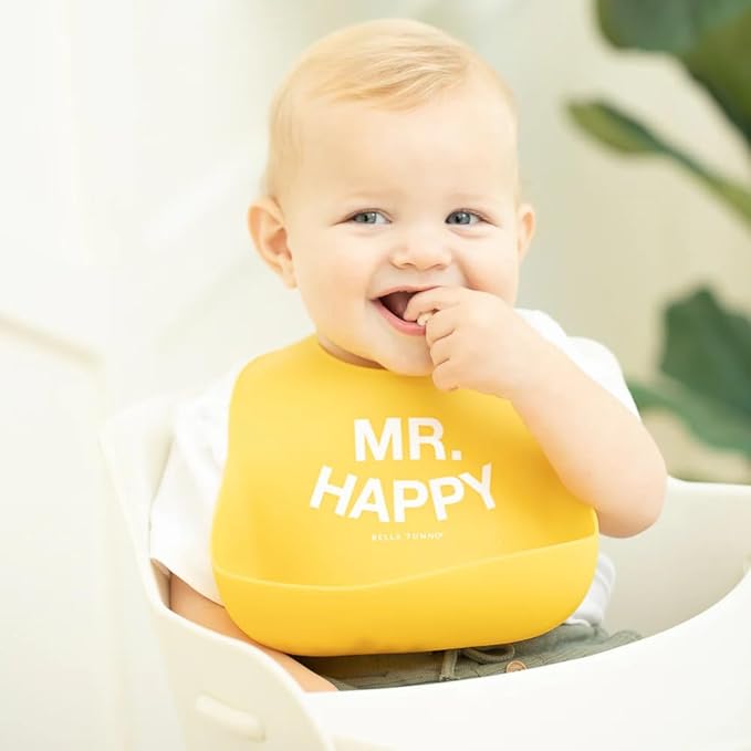 Baby Bib for Eating by Bella Tunno, Waterproof Silicone Bib with Large Food Catcher, Adjustable Fit for Babies 4-12 months & Toddlers 1-3 Years, Boys & Girls, Mr Happy-CubbioJoy
