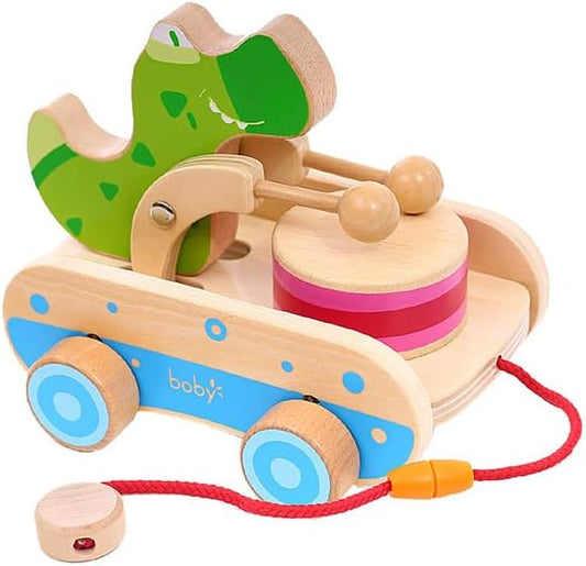 Baby Gift Wooden Toddler Pull Toy, Crocodile Drum Tapping Children's Toy, Baby dragging and Learning to Walk, Rope Traction Rope Crawling for Toddlers Ages 1+-CubbioJoy