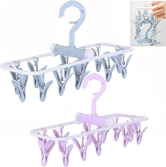 Clothes Drying Racks 2 Pack Small Folding Portable Underwear Hangers with Clips Socks 12 Clips 360° Rotatable Hook for Drying Towels Bras Baby Clothes Gloves Plast-CubbioJoy