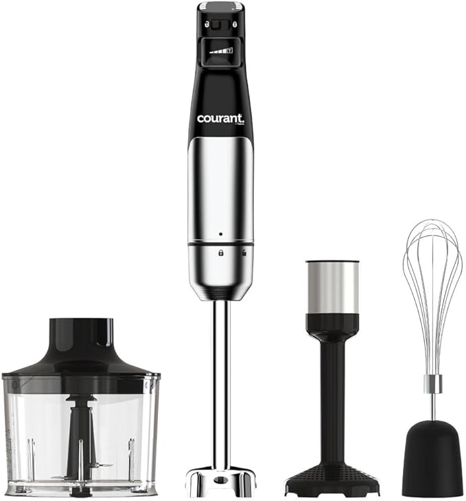 Courant Immersion Handheld Blender,4 in 1 400W Stick Blender, Variable Speed Stainless Steel Blades, Blending shaft Whisk,Chopper,Masher, Beaker Stainless Steel, LED Display-CubbioJoy