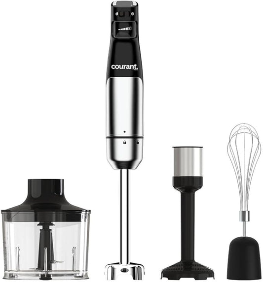 Courant Immersion Handheld Blender,4 in 1 400W Stick Blender, Variable Speed Stainless Steel Blades, Blending shaft Whisk,Chopper,Masher, Beaker Stainless Steel, LED Display-CubbioJoy
