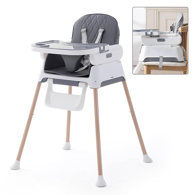 3 in 1 Baby High Chair,Adjustable Convertible Infant Baby Feeding Chair Booster for Eating with Detachable Double Tray,5 Point Harness,Deep Gray-CubbioJoy