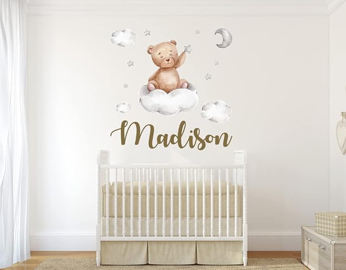 Custom Name Teddy Bear Nursery Wall Decal - Moon, Starts Clouds Watercolor Baby Room Decor for Boys & Girls - Teddy Bear Wall Stickers - Personalized Name Wall Sticker for Nursery playroom-CubbioJoy