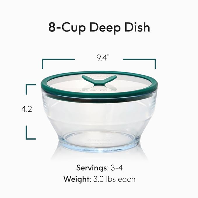 Anyday 8-Cup Glass Food Storage with Glass Lid, Round Deep Dish | Plastic-Free Meal Prep & Microwave Cookware | Stackable Airtight Storage Container with Vented Lid for Microwave-Safe Reheating-CubbioJoy