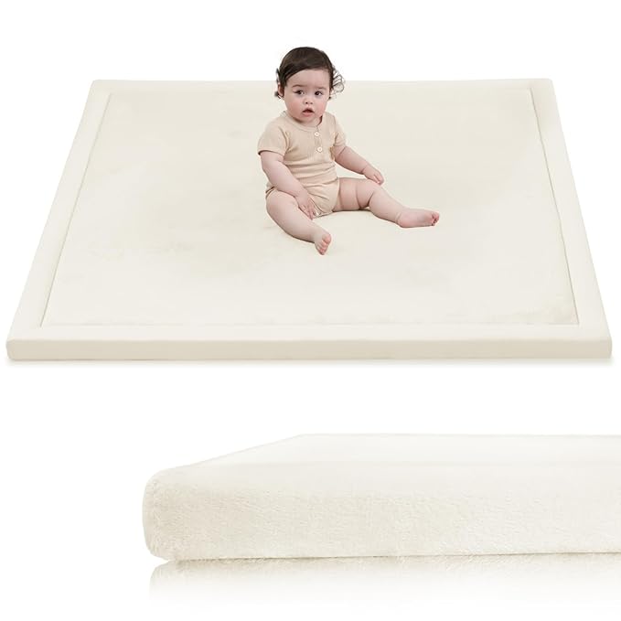 Baby Play Mat for Floor,1.3" Thick Elasti-Foam 50x50 Playpen Mat for Toddlers Infant Kids,Water-Repellent Soft Coral Velvet for Tummy Time,Non-Slip Backing for Crawling,Tatami Style(Cream)-CubbioJoy