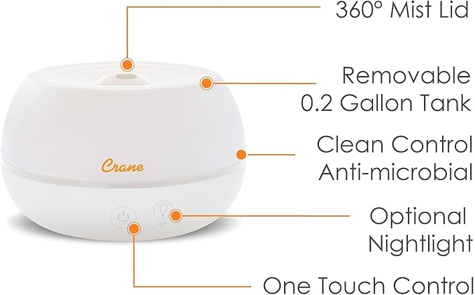 Crane Portable Ultrasonic Travel Humidifier and Diffuser, 0.2 Gallon Cool Mist, Optional Essential Oil Diffuser, No Filter Needed, White-CubbioJoy