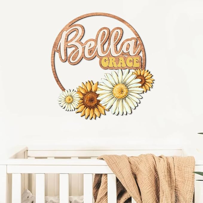 Custom wooden nursery name sign, Boho nursery wood 2 layer, Floral nursery name sign for girls, Daisy Sunflower Baby name signs for nursery, Wood name signs, Baby shower, Nursery decor flower gift/18-CubbioJoy