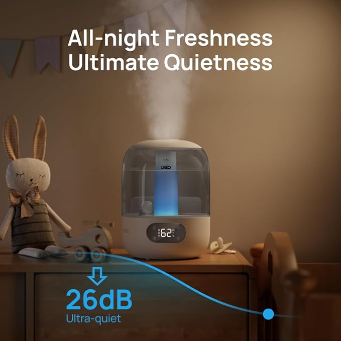 Dreo Humidifiers for Bedroom, Cool Mist Ultrasonic Humidifiers with 30Hr Runtime, Top Fill 3L Tank, Easy Clean, Humidity Sensor, Night Light for Baby, Nursery, 360° Nozzle for Plants and Home, Grey-CubbioJoy