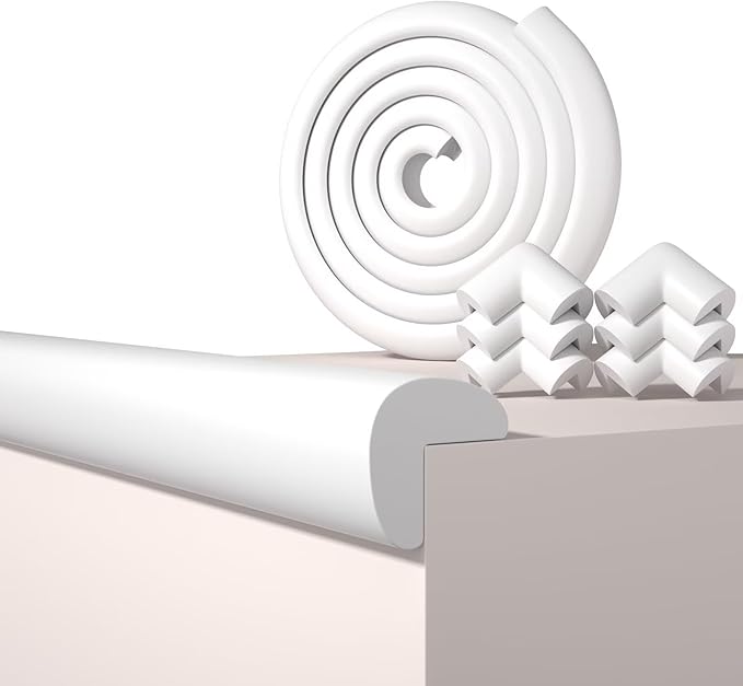 Baby Proof Edge Corner Protector, 6.56FT 0.47''Th L-Shape Furniture Corner & Edge Safety Bumpers with 6 Corners, Pre-Taped, Soft NBR Rubber Foam Desk Edge Cushion Wall Corner Protector（White）-CubbioJoy