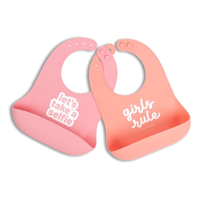 Bella Tunno Baby Bib for Eating, Waterproof Silicone Bib with Large Food Catcher, Adjustable Fit for Babies 4-12 months & Toddlers 1-3 Years, Boys & Girls, Lets Take a Selfie + Girls Rule-CubbioJoy