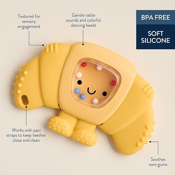 Itzy Ritzy Silicone Rattle Teether– BPA-Free Silicone Teether with Rattle for Babies & Toddlers – Features a Gentle Rattle Sound, Colorful Beads & Multiple Textures (Croissant)-CubbioJoy