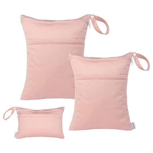 ALVABABY 3pcs Baby Cloth Diaper Wet/Dry Bags|Waterproof Reusable with Two Pockets|Travel, Beach, Pool, Daycare, Soiled Baby Items,Yoga，Gym Bag for Swimsuits or Wet Clothes (3 pcs in SML, Pink) 3L-B19-CubbioJoy