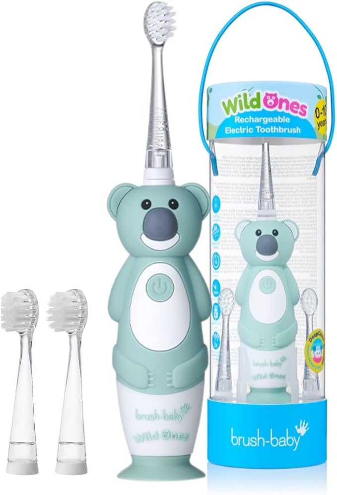 brush-baby WildOnes™ Rechargeable Kids Electric Toothbrush – Koala | Flashing Lights, 2-Min Timer, Waterproof, 3 Brush Heads | Toddler & Child Toothbrush Ages 0-10 | Soft Bristles-CubbioJoy