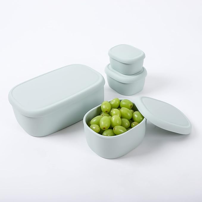 BLUE GINKGO Nesting Silicone Containers - Set of 3 Hard-Shell Silicone Food Storage Containers | BPA Free, Airtight, Dishwasher and Freezer Safe (6.7oz, 10oz, 20oz) - Green-CubbioJoy