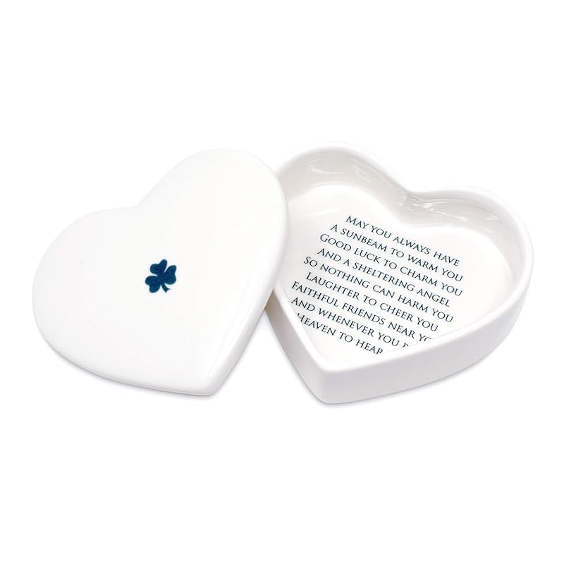 Baptism Gift, First Communion Gift, or Confirmation Gift, Handmade Heart Ceramic Keepsake Box with Irish Blessing and Shamrock in Green-CubbioJoy