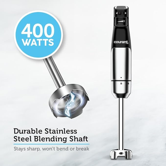 Courant Immersion Handheld Blender,4 in 1 400W Stick Blender, Variable Speed Stainless Steel Blades, Blending shaft Whisk,Chopper,Masher, Beaker Stainless Steel, LED Display-CubbioJoy