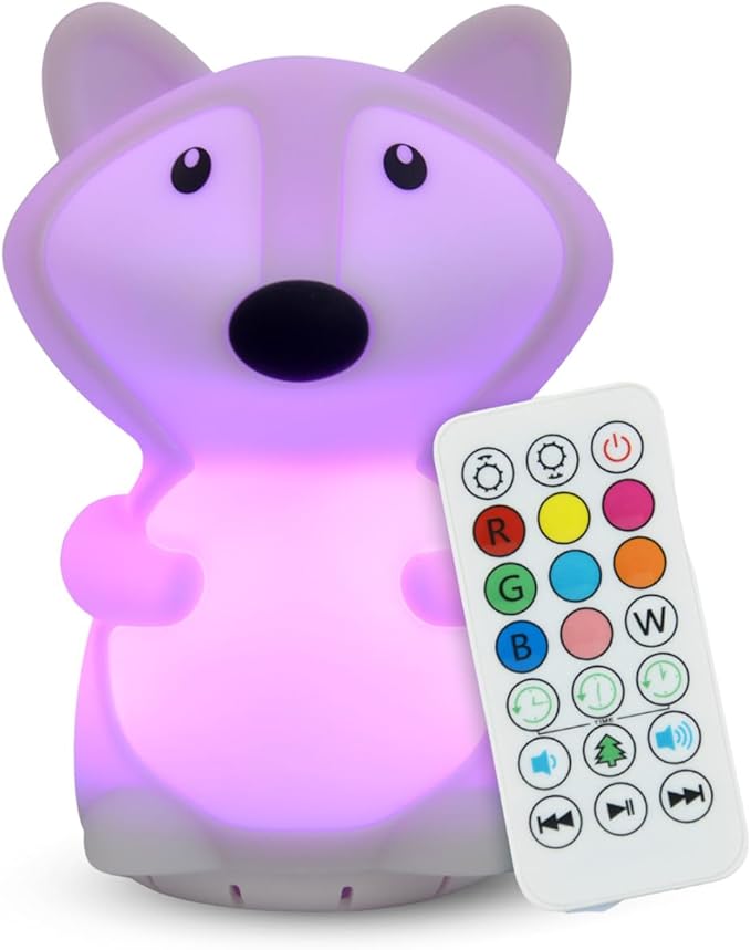 Combined Bluetooth Speaker & Nightlight With 9 Color Emissions, Child Friendly Silicone & BPA Free, USB Recharging, Receives Audio From Computer, Phone Or Tablet, and includes Remote Control (Fox)-CubbioJoy