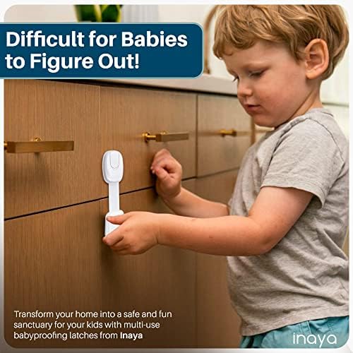 5-Pack Child Proof Cabinet Latches for Drawers, Cupboards, Fridge Toilet Seat, Dishwashers, Trash Can, Up to 37lb Pull Force - Adjustable Length, 3M Adhesive, No Drilling Child Safety Locks, White-CubbioJoy