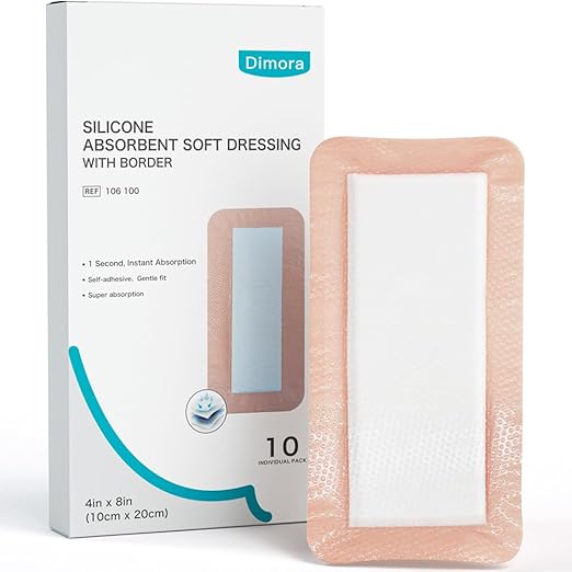Dimora Silicone Ultra Absorbent Dressing Pads - Adhesive Wound Bandage with Gentle Border, Waterproof Soft Gauze for Post Surgical and Bed Sore Exudate Management 4"X 8" 10 Packs-CubbioJoy