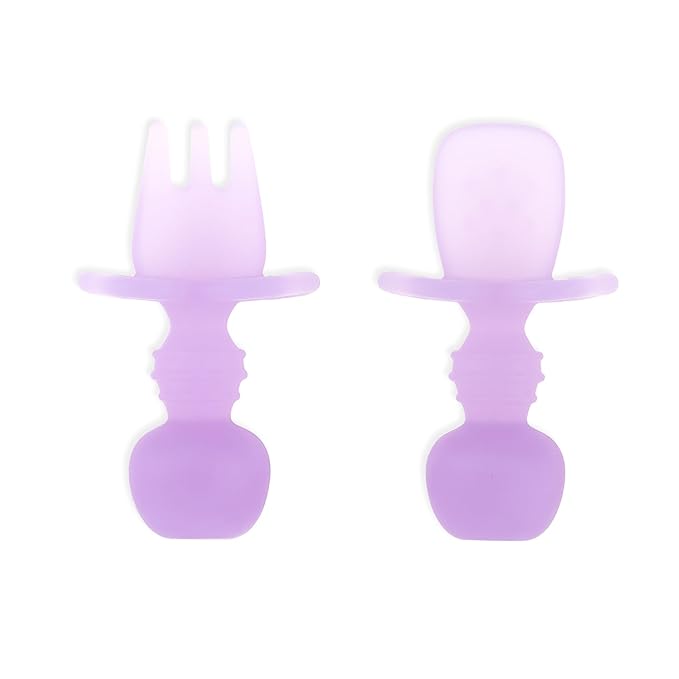 Bumkins Baby Utensils Set, Chewtensils Silicone Spoons for Dipping, Self-Feeding, Baby Led Weaning, Trainer Learning, First Stage Eating, Soft Practice Fork and Spoon, Babies 6 Months, Purple Jelly-CubbioJoy