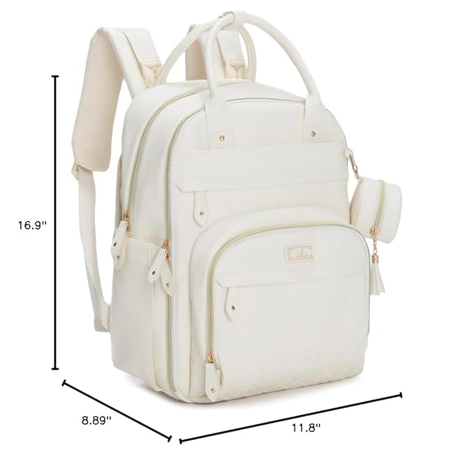BabbleRoo Leather Diaper Bag Backpack - Baby Essentials Travel Baby Bag, Multi function, Waterproof, with Changing Pad, Stroller Straps & Pacifier Case – Unisex, Eggshell White-CubbioJoy