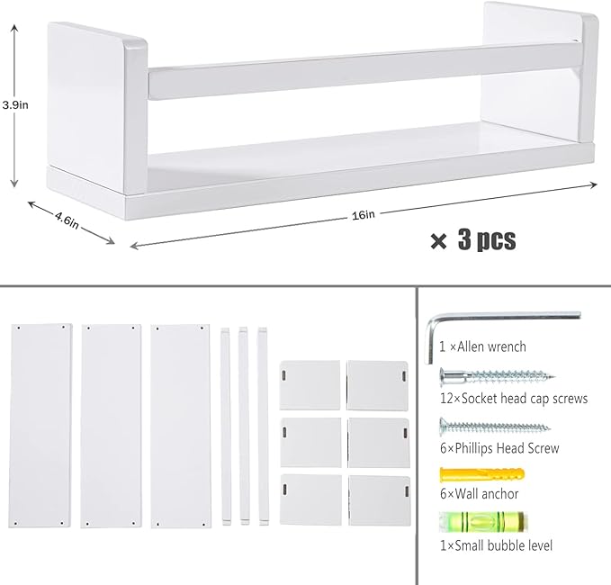 AZSKY Floating Bookshelf for Kids Room White Nursery Shelves Picture Ledge Wall Shelves for Bathroom Decor Kitchen Spice Rack Book Shelf Photo Organizer for Baby Nursery Décor 16 Inch Set of 3-CubbioJoy