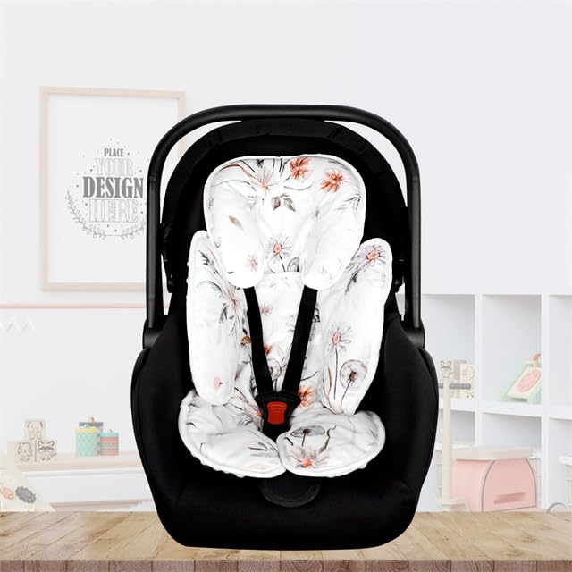 2 in 1 Infant Car Seat Insert, Car Seat Head Support Baby Girls Boys, Soft Newborn Carseat Insert Cushion, Perfect for Carseats, Strollers, Swings (White Flower)-CubbioJoy