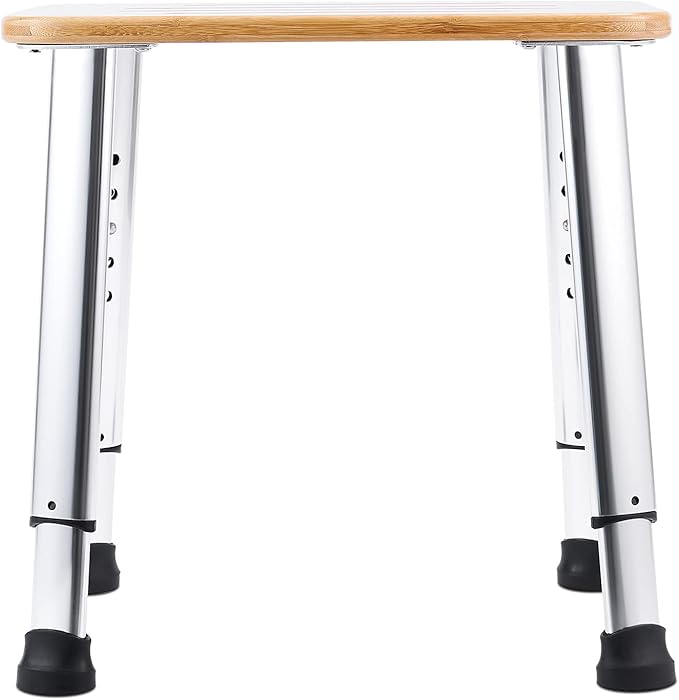Bathroom Shower Bench Bath Stool Bathtub Seat Spa Chair Foot Rest Step, Height Adjustable Lightweight Waterproof and Rustproof, Bamboo-CubbioJoy