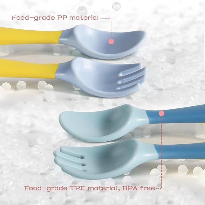 Baby Utensils Spoons and Forks Set Bendable Self-Feeding Silverware for Toddler Children with Travel Case Gum Friendly Food Grade (Yellow+Green, 2 Set)-CubbioJoy