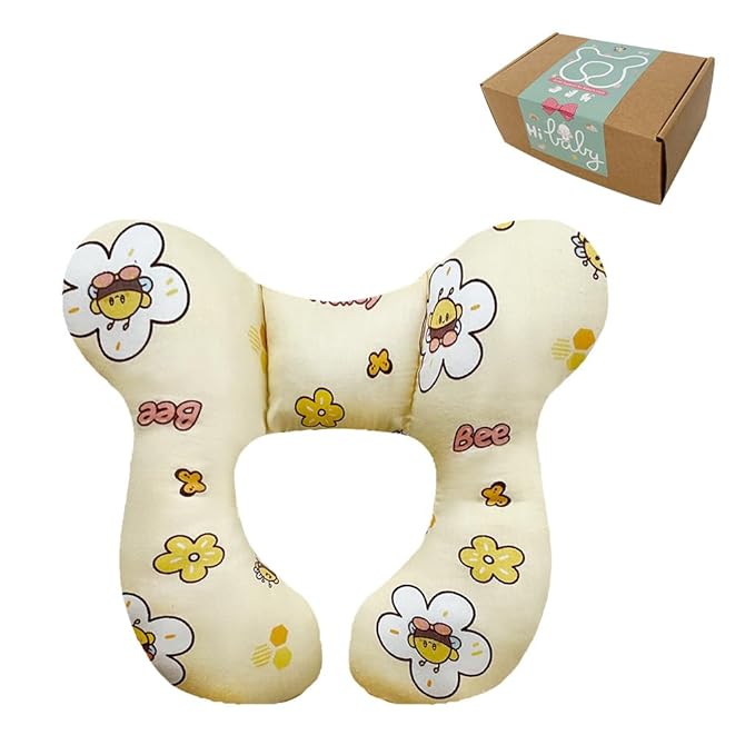 Baby Neck Pillows, Comfortable Baby Travel Head Neck Support Pillow for Car Seat Stroller Pushchair, Soft PP Cotton Travel Pillow for 0-1 Year Old Toddler Infant Newborn, Bee-CubbioJoy