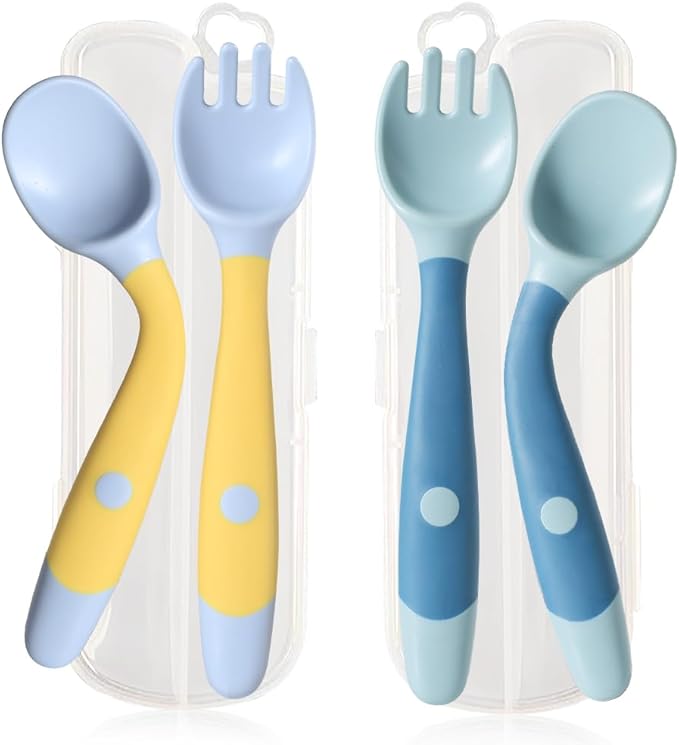 Baby Utensils Spoons and Forks Set Bendable Self-Feeding Silverware for Toddler Children with Travel Case Gum Friendly Food Grade (Yellow+Green, 2 Set)-CubbioJoy