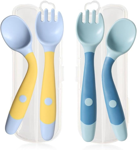 Baby Utensils Spoons and Forks Set Bendable Self-Feeding Silverware for Toddler Children with Travel Case Gum Friendly Food Grade (Yellow+Green, 2 Set)-CubbioJoy
