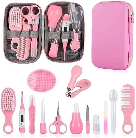 Baby Grooming Kit, Infant Safety Care Set with Hair Brush Comb Nail Clipper Nasal Aspirator,Baby Essentials Kit for Newborn Girls Boys (Pink Baby Grooming kit)-CubbioJoy