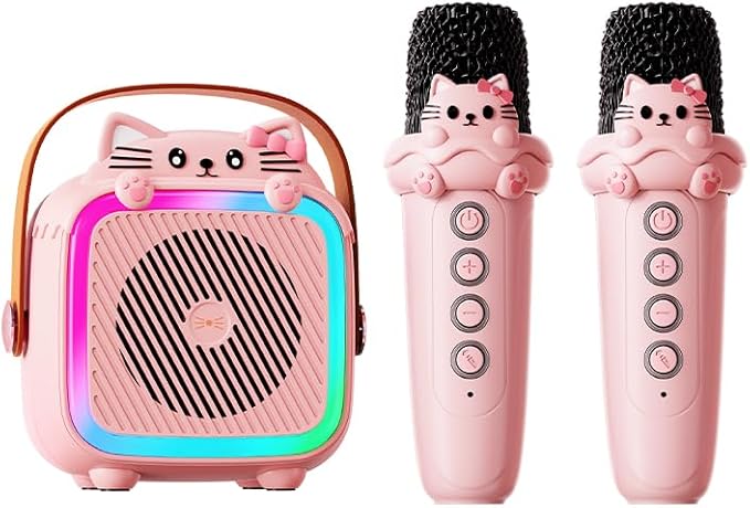 Karaoke Machine with 2 Wireless Microphones for Kids Adults,Portable Bluetooth Speaker Girls Toddlers Toy Gift for Aged 3-12 Year Birthday Parties Christmas Party - Pink-CubbioJoy