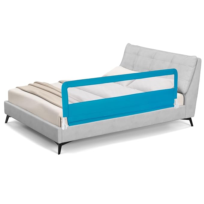 BABY JOY Bed Rails for Toddlers, 71'' Extra Long, Upgraded Swing Down Bed Guard w/Safety Strap, Folding Baby Bedrail for Kids Twin, Double, Full Size Queen & King Mattress (71-Inch, Blue)-CubbioJoy