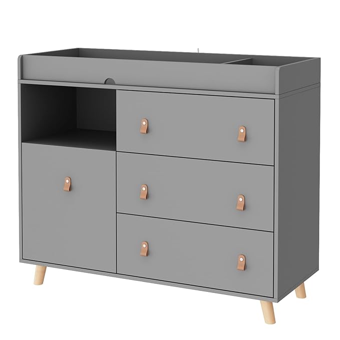Baby Dresser Changing Table with Drawers,Shelf,Hidden Laundry Basket Storage,2 in 1 Nursery Dresser Chest for Infants, Baby Diaper Changing Station for Daycare,Bedroom,Grey-CubbioJoy