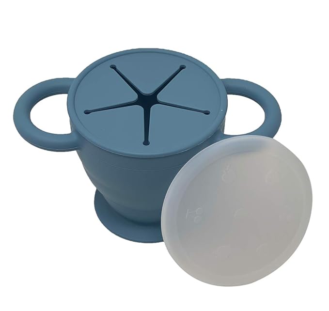 BraveJusticeKidsCo | Snack Attack II Snack Cup | Collapsible Silicone Snack Container | Toddler and Baby Snack Catcher Lid (Blue Steel)-CubbioJoy