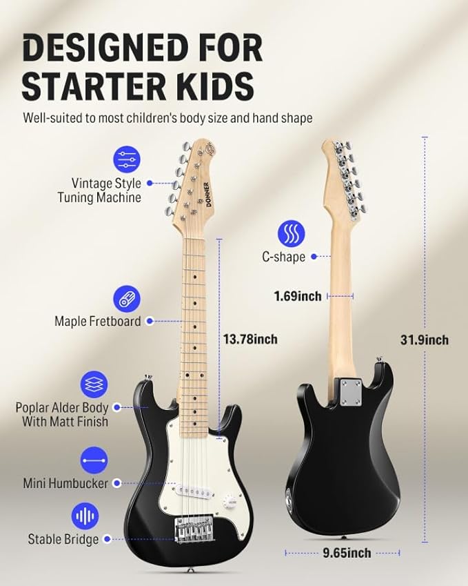 Donner 30 Inch Kids Electric Guitar Beginner Kits ST Style Mini Electric Guitar for Boys Girls with Amp, 600D Bag, Tuner, Picks, Cable, Strap, Extra Strings, DSJ-100, Black-CubbioJoy